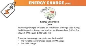 Your energy charges are based on the amount of energy used during the billing period. Energy use is priced per kilowatt-hour (kWh). One kilowatt (kW) equals 1,000 watts (w). There are two energy charges to your business bill: the variable energy charge based on kWh usage; and the FPPA charge