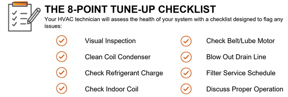 8-Point Tune-Up Checklist: 1. Visual inspection 2. Check belt/lube motor 3. Clean coil condenser 4. Blow out drain line 5. Check refrigerant charge 6. Filter service schedule 7. Check indoor coil 8. Discuss proper operation