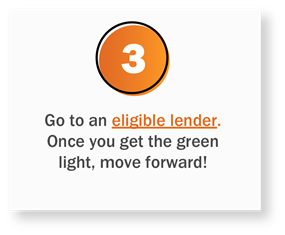 Step 3: Go to an eligible lender. Once you get the green light, move forward!