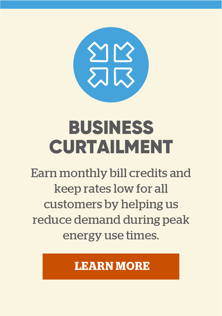 Business Curtailment: Earn monthly bill credits and keep rates low for all customers by helping us reduce demand during peak energy use times. Learn more.