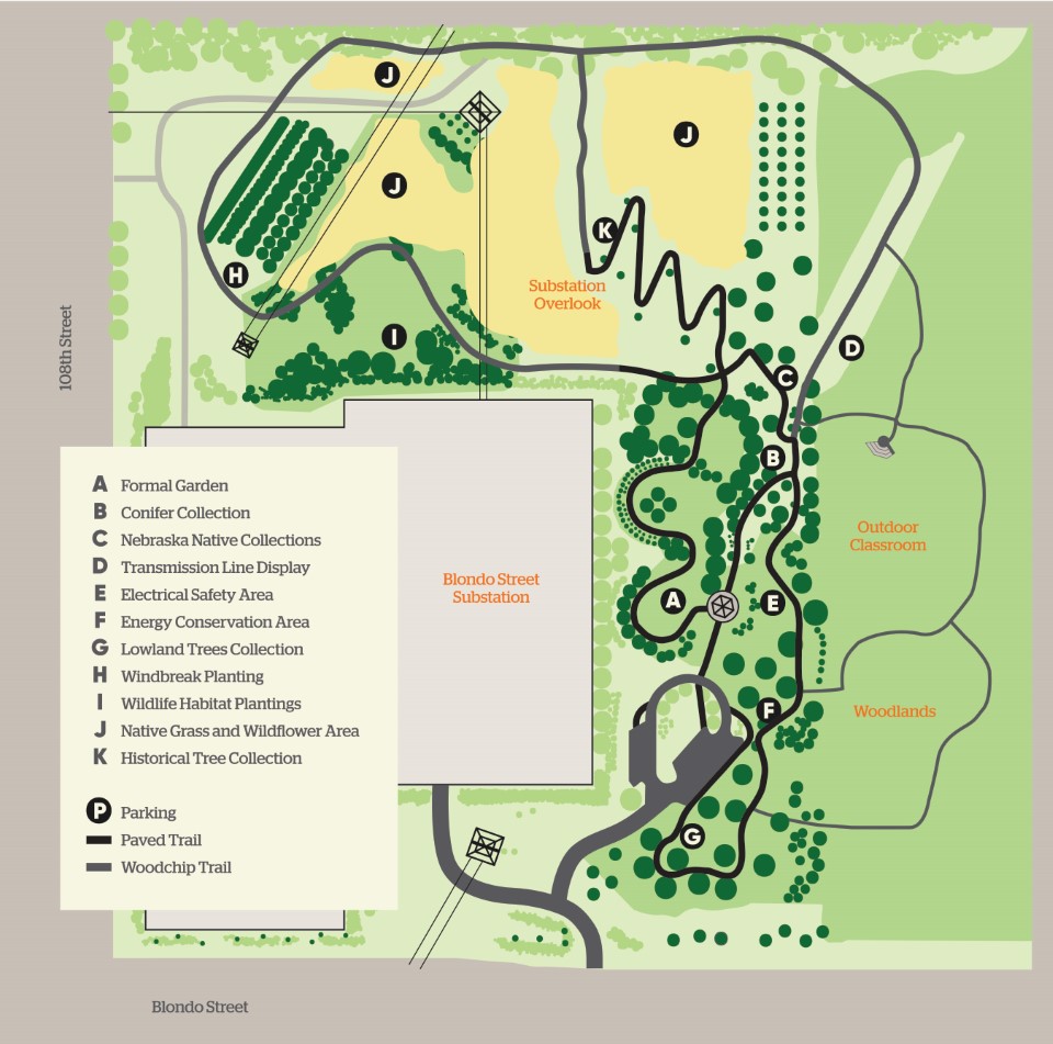 Arboretum map includes formal garden, conifer collection, nebraska native collections, transmission line display, electrical safety area, energy conservation area, lowland trees collection, windbreak planting, wildlife habitat plantings, native grass and wildlife area, historical tree collection, parking, paved trail and woodchip trail.